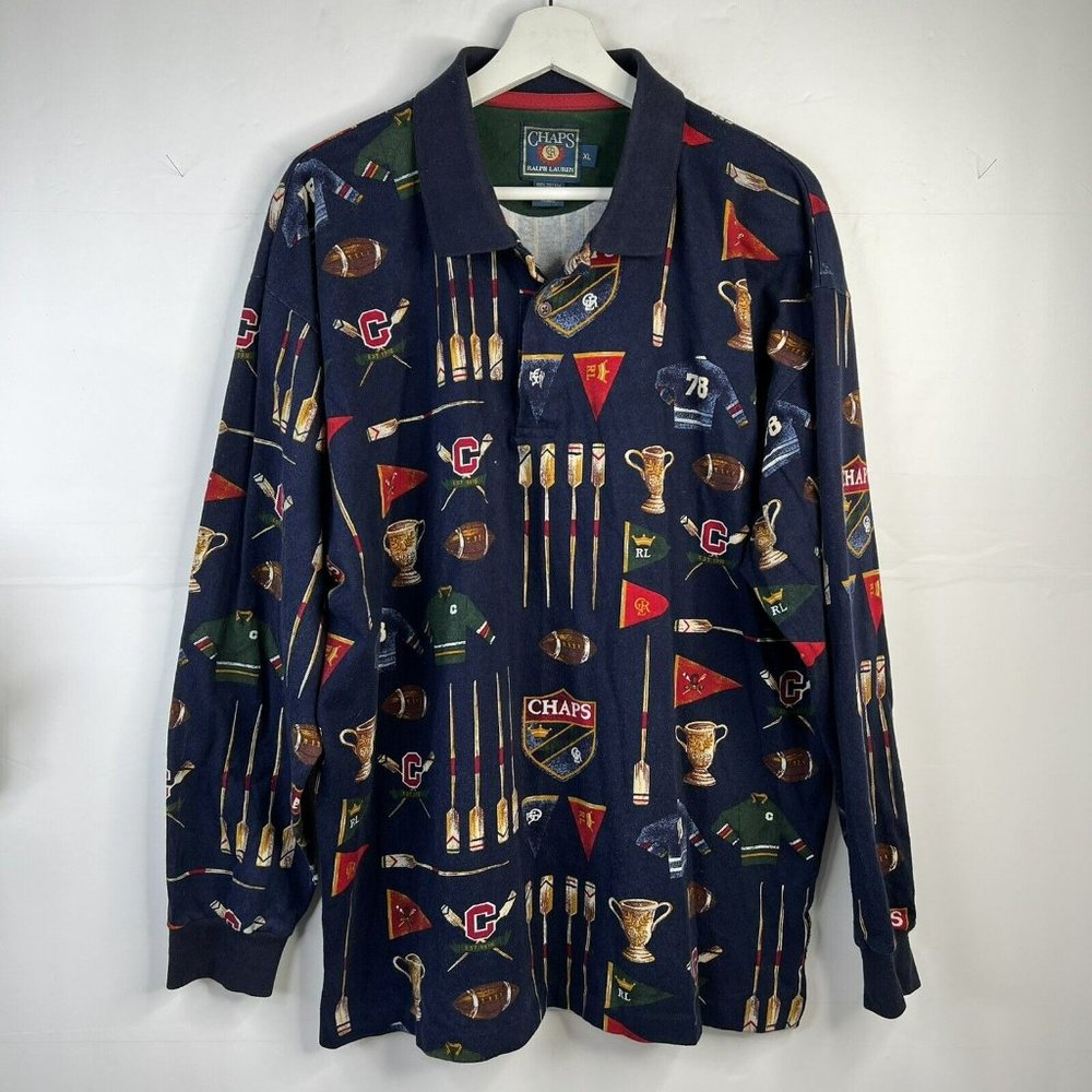 Vintage 90s Chaps Ralph Lauren Rugby Over Print Sports Polo Mens Size XL Rare - Picture 2 of 10